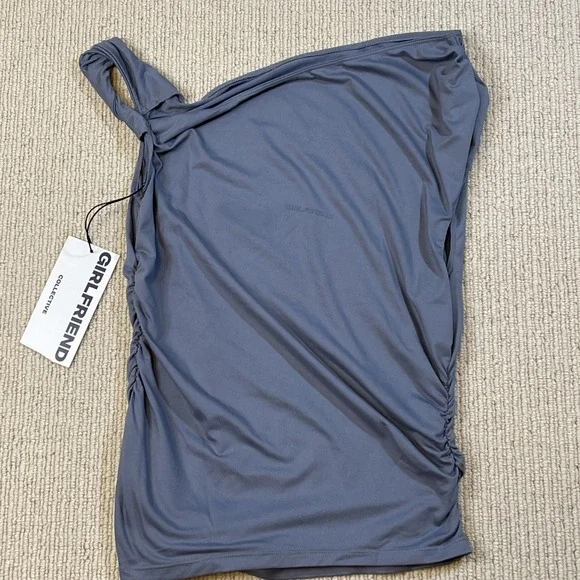 GIRLFRIEND COLLECTIVE Medium Ruched Sides Twist One Shoulder Tank Top Gray - Picture 4 of 7